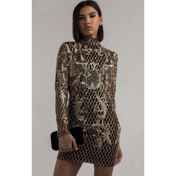 AKIRA Dresses & Skirts - Akira Dress Black Gold Embroidered Sequin Long Sleeve Mock Neck
